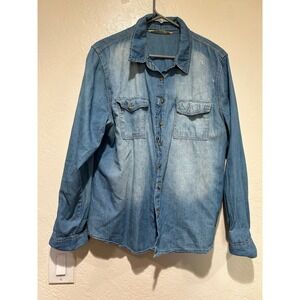 Vanilla Star Womens XXL Blue Denim Button Down Shirt Long Sleeve Cotton